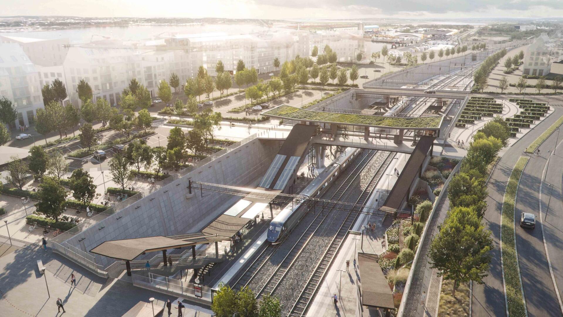 Vy över framtida stationsområde med nya dubbelspår och med plattformar i nedsänkt läge. Illustration: 10A/Visulent